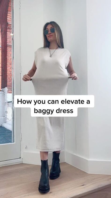 We’ve all got a baggy, shapeless dress somewhere in our wardrobe, right? Here's a no-sew hack for cinching in that baggy dress. How To Alter A Dress That Is Too Big, Dress Too Big Hacks No Sew, Shapeless Dress, Baggy Tshirt, Boxy Dress, Baggy Dresses, Fashion Hacks, Draped Dress, Loose Dress