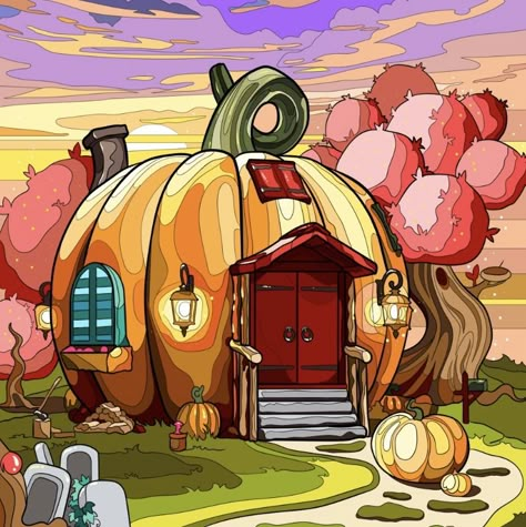 Pumpkin House Drawing, House Cute, Whimsical Art Paintings, House Cartoon, Pumpkin House, School Wall Art, Portrait Cartoon, Landscape Art Painting, Small Canvas Art