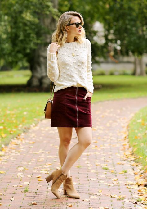 Classic Fall Fashion, Burgundy Skirt Outfit, Corduroy Skirt Outfit, Classic Fall Style, Skirt Outfit Fall, Penny Pincher Fashion, Burgundy Outfit, Burgundy Skirt, Penny Pincher