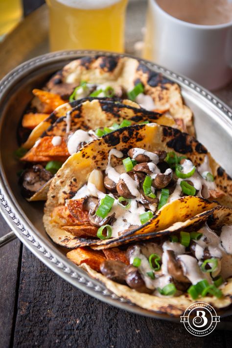 Crispy Sweet Potato and Mushroom Confit Tacos with Smoky Crema Sweet Potato And Mushroom, Potato And Mushroom, Mushroom Tacos, Sweet Potato Tacos, Potato Tacos, Crispy Sweet Potato, Healthy Vegetarian Dinner, Hey Friend, Emotional Wellbeing