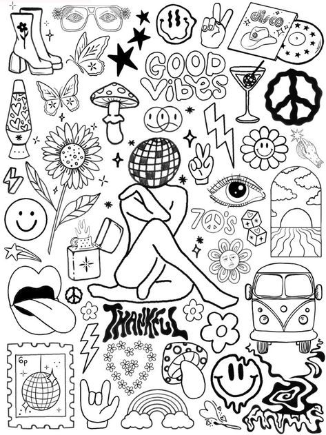 Doodle Art Collage, Doodle Collage Drawings, Edgy Coloring Pages, Doodle Page Aesthetic, Ufo Doodle, Disco Ball Drawing, Cute Doodles Aesthetic, Crystal Wrapping, Embroidery Journal Drawing Cute Doodles, Ufo Doodle, Sticker Book Tattoo, Book Aesthetic Sticker, Disco Ball Drawing, Sticker Book Ideas, Cute Doodles Aesthetic, Sticker Book Diy, Doodle Collage