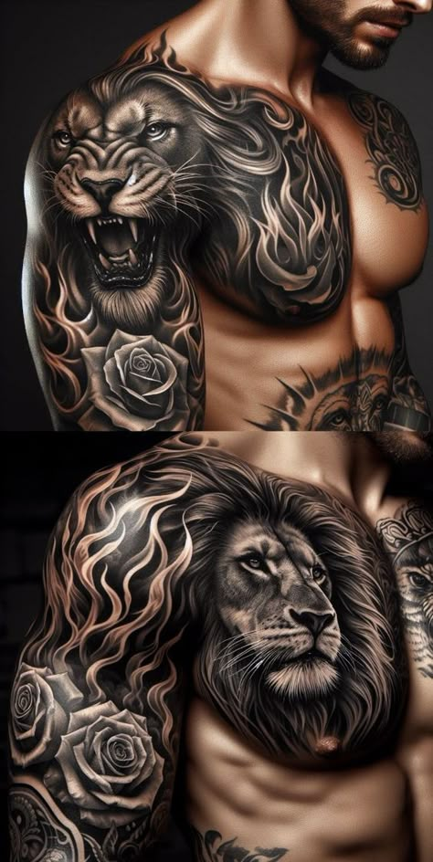 Epic Tattoos For Men, Lion And Tiger Tattoo, Tattoo Of Lion, Black Lion Tattoo, Lion Warrior Tattoo, Oscar Tattoo, Chest Neck Tattoo, Lion Chest Tattoo, Lion Shoulder Tattoo