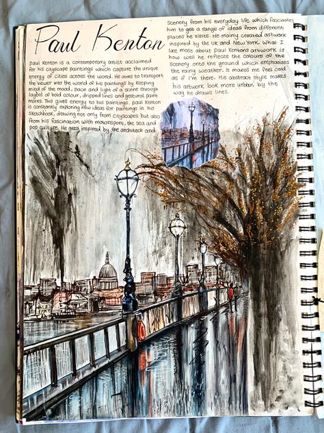 Gcse A-level artist sketchbook page Artist Study Page Gcse, Tom Phillips Artist Research Page, Landscape Sketchbook Pages, Moment In Time Art, A Level Design Sketchbook, Gcse Art Culture Title Page, Architecture A Level Sketchbook, Places And Spaces Gcse Artists, Fine Art Gcse Sketchbook Ideas