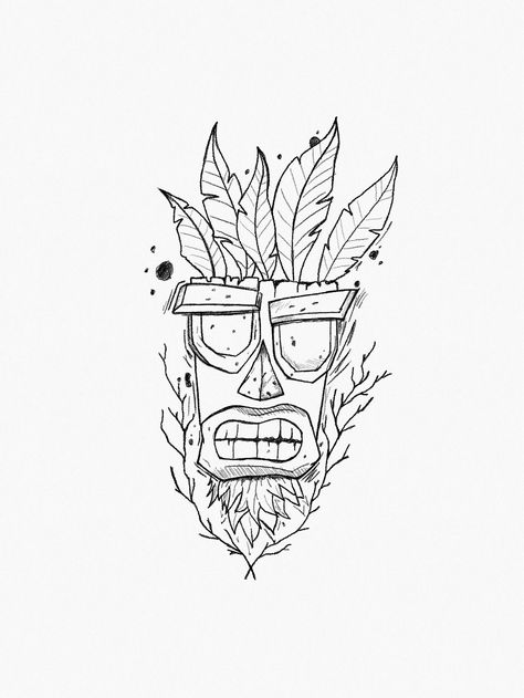 Crash Bandicoot Tattoo Design, Kratos Tattoo Ideas, Crash Bandicoot Drawing, Aku Aku Tattoo, Crash Bandicoot Tattoo, Tiki Tattoo, Tattoo Line, Stencil Outline, Black Illustration