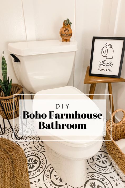 DIY boho farmhouse half bath reveal. How I updated my half bath on a budget for the Spring 2020 One Room Challenge. #bohofarmhouse Boho Bathroom Half Bath, Bathroom Boho Farmhouse, Farmhemian Decor Bathroom, Half Bathroom Ideas Wood Floor, Farmhouse On A Budget Diy, Half Bath Themes, Farmhouse Boho Bathroom Decor, Boho Farmhouse Small Bathroom, Half Bathroom Makeover Farmhouse