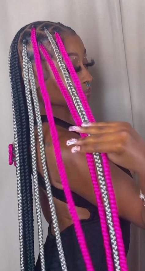 Pink And Grey Braids, Hairstyles With Color Braids, Braided Hairstyles For Black Women With Color, Knotless Color Combo, Black Protective Hairstyles Braids, Colorful Braids For Black Women, Braiding Designs, Box Braids With Color, Braid Colors