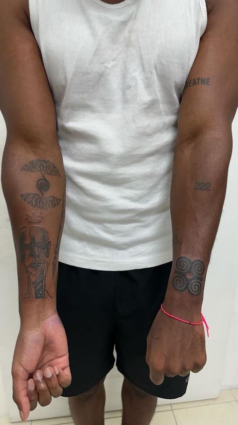 Spot Work Tattoo, Altruism Tattoo, Arm Tattoo Black Man, African Tattoos Men, Ghanaian Tattoo Ideas, Earthy Tattoos Men, Black Art Tattoo Men, Asap Rocky Tattoo Ideas, Sleeve Tattoos For Black Guys