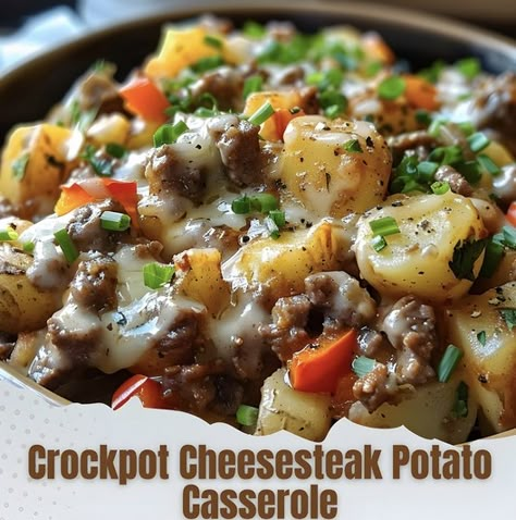 Crockpot Cheesesteak, Easy Cooking Ideas, Crockpot Steak, Crock Pot Potatoes, Crockpot Casserole, Green Bell Pepper, Beef Sirloin, Crockpot Dishes, Crockpot Beef