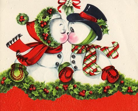 A fabulously adorable pair of kissing vintage snowpeople to wish you merry Christmas. Images Noêl Vintages, Snowman Couple, Vintage Snowman, Holiday Images, Vintage Christmas Images, Christmas Graphics, 12 December, Old Christmas, Old Fashioned Christmas