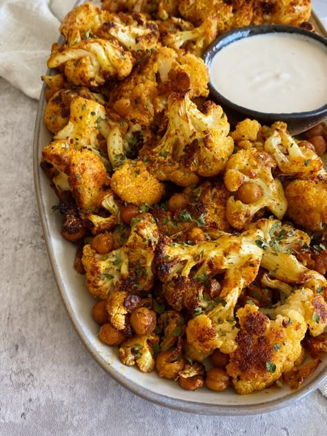 Moroccan Cauliflower, Cauliflower With Tahini, Cauliflower And Chickpeas, Tahini Dip, Spiced Cauliflower, Creamy Yogurt, Cauliflower Dishes, Baked Cauliflower, Chickpea Recipes