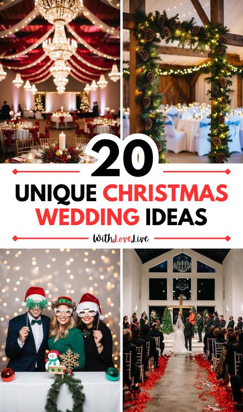 Make your Christmas wedding magical with unique ideas! 🎄❤️ From seasonal flowers to cozy winter settings, explore ways to add festive charm to your big day. Save this pin for the perfect holiday wedding inspiration! 📌✨ Christmas Wedding Unity Ideas, Christmas Wedding Fireplace, Christmas Wedding Garland, Winter Wedding Lights, Beach Christmas Wedding, Christmas Boho Wedding, Christmas Wedding Blue, Small Christmas Wedding Ideas, Christmas Wedding Colors