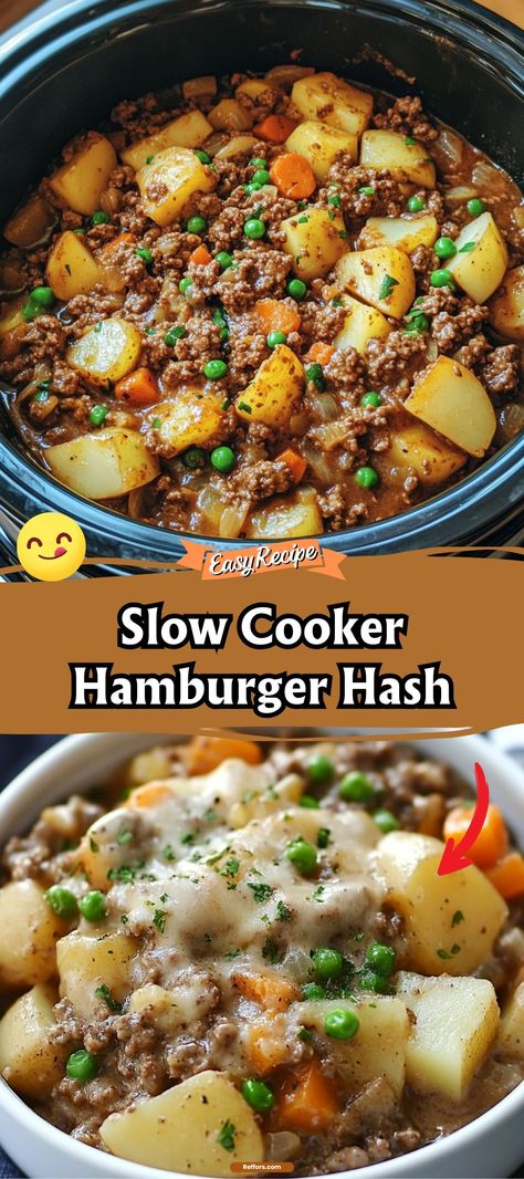 Relish the hearty and rustic flavors of Slow Cooker Hamburger Hash, a mix of ground beef, potatoes, and onions slow-cooked to perfection. This dish is a fuss-free meal solution for busy evenings, offering all the comforting flavors of a home-cooked dinner. #HamburgerHash #SlowCookerMeals #ComfortCooking Hamburger Recipes For Crockpot, Hamburger Potatoes Recipes, Burger Crockpot Meals Ground Beef, Hamburg Crockpot Recipes, Texas Hash Recipe, Hamburger And Potatoes Recipes, Corn Beef Hash Recipe, Hamburger Slow Cooker Recipes, Crockpot Hamburger Recipes