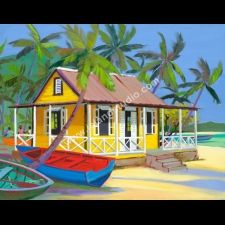 The Cove by artist Shari Erickson Beach Murals, Art Plage, Tropical Painting, Caribbean Art, Hawaiian Art, Yellow House, Soyut Sanat Tabloları, Art Tropical, Pink House