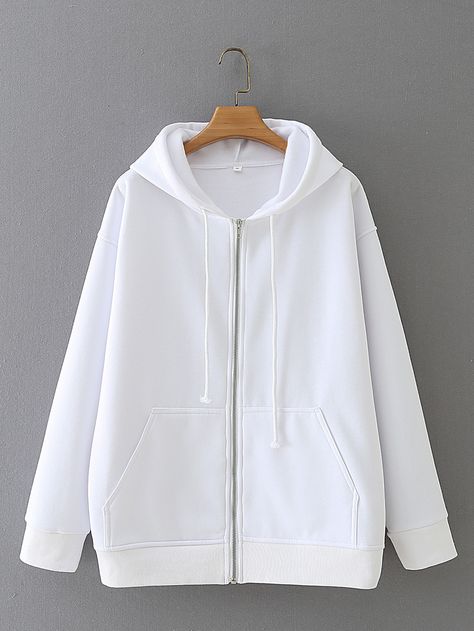 White Casual  Long Sleeve Polyester Plain Zip Up Embellished Non-Stretch Spring/Fall Women Sweatshirts Black Jacket Hoodie, Women Sweatshirts, Zip Up Hoodies, Zip Up Sweater, Drawstring Hoodie, White Casual, White Hoodie, White Sweatshirt, Fashion Sewing