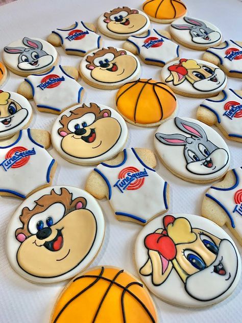 Tune Squad Gender Reveal, Space Jam Party Favors, Tune Squad Birthday Party, Space Jam First Birthday Party, Space Jam Cupcakes, Space Jam 1st Birthday Party, Space Jam Gender Reveal, Space Jam Cookies, Space Jam Baby Shower Ideas