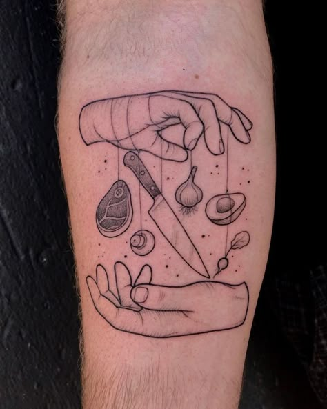 Kitchen Tattoo Ideas, Kitchen Tattoo, Baking Tattoo, Hand Palm Tattoos, Cooking Tattoo, Culinary Tattoos, Chest Tattoo Stencils, Chef Tattoo, Sketch Style Tattoos