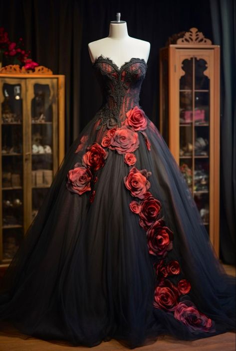 Unreal Dresses, Goth Ball Gown, Rose Ball Gown, Gem Dress, Red Rose Dress, Black Wedding Gowns, Rose Gown, Lizzie Hearts, 21st Party