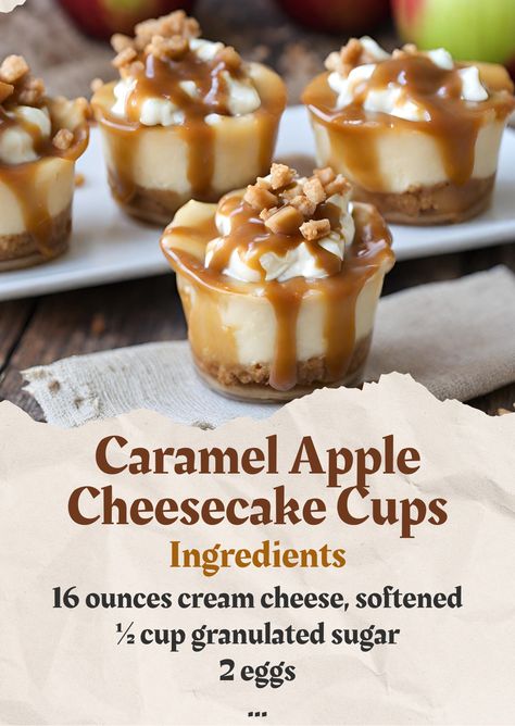 Caramel Apple Cheesecake Cups – Tina Recipes Carmel Desserts, Cheesecake Cups Recipe, Dessert Shooters Recipes, Caramel Apple Desserts, Pecan Sandies, Mini Dessert Cups, Mini Cheesecake Recipes, Cheesecake Cups, Caramel Apple Cheesecake