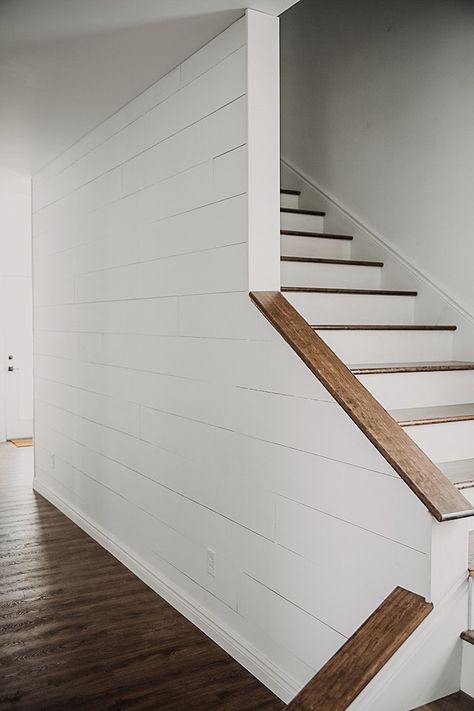 Basement With Shiplap Walls, Shiplap Stairway Wall, Shiplap Stairs Wall, Shiplap On Staircase Wall, Shiplap In Basement, Drywall Staircase Half Walls, Shiplap Under Stairs, Shiplap Basement Stairwell, Shiplap Wall Stairs