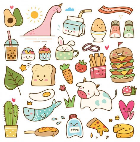 Set of kawaii doodle Premium Vector Doodles Kawaii, Doodle Kawaii, Kawaii Doodle, Food Doodles, Kawaii Clipart, 귀여운 음식 그림, Baby Icon, Vector Food, Kawaii Illustration