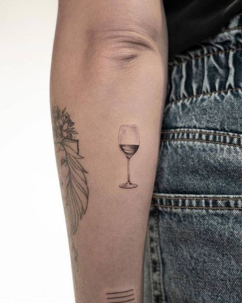 Wine Glass Tattoo, Wine Tattoo, Glass Tattoo, Small Back Tattoos, Small Chest Tattoos, Self Love Tattoo, Bottle Tattoo, Single Needle Tattoo, Bff Tattoos