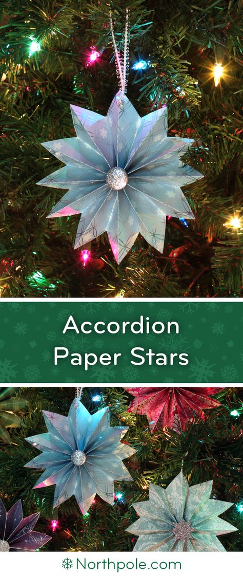 Accordion-Folded Paper Stars • Northpole.com Craft Cottage Folding Stars Paper Christmas Ornament, Christmas Ornament Paper Craft, Paper Accordion Ornaments, Folded Paper Snowflakes, Paper Holiday Crafts, Paper Craft Christmas Ornaments, Diy Paper Christmas Ornaments Tutorials, Folded Paper Christmas Ornaments, Wrapping Paper Ornaments