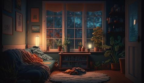 A room with a window and plants on it | Premium Photo #Freepik #photo #bed-background #bedroom #bedroom-mockup #cozy Bedroom Background Cartoon, Windows Background Aesthetic, Regina Song, Background For Windows, Cozy Room Wallpaper, Bed Background, Cozy Background, Background Windows, Living Room Night