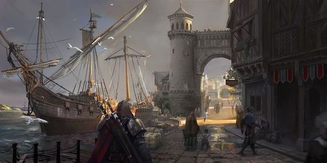 ArtStation - port, Z Q Ice Fantasy, Harbor City, Rpg Map, Fantasy City, Fantasy Castle, Fantasy Setting, Fantasy Places, Landscape Scenery, Fantasy Art Landscapes