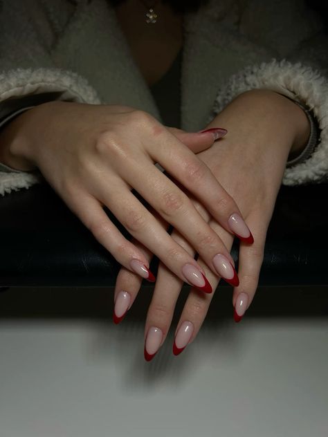 Ted French Tip Almond Nails, Wine French Tip Nails Almond, French Nail Red Tip, Red Wine Nails French Tip, Red Nails Red Dress, Red Basic Nails, Blood Red French Tip Nails, Round Red French Tip Nails, Cherry Red French Tips