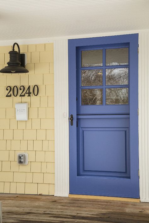 Blue front Door Paint Color: Benjamin Moore 825 Blue Nova Yellow House Exterior, Exterior Paint Combinations, House Entrance Doors, Yellow Exterior, Blue Nova, Best Front Door Colors, Door Design Ideas, Best Front Doors, Blue Front Door