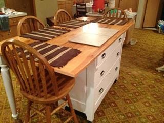 We decided to create a kitchen island from one of my childhood memories: my mom's dresser.  Here are the details of our first project adventure! My Childhood Memories, Dresser Kitchen Island, Repurposed Dresser, Kitchen Island Table, Farmhouse Kitchen Island, Hemma Diy, Diy Kitchen Island, Primitive Kitchen, Diy Dresser