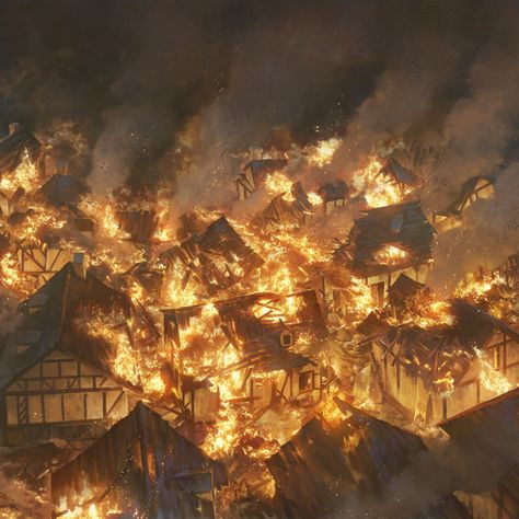 Burning City Fantasy Art, City Under Siege Fantasy Art, Burning Town Fantasy Art, Burning Village Fantasy Art, Burning Castle Aesthetic, Fantasy Burning City, Burning Village Art, City Burning Art, Dragon Burning Village