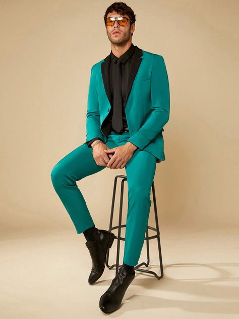 Dark Green Casual Collar Long Sleeve  Colorblock  Embellished Non-Stretch  Men Clothing Mens Vegas Outfit Night Semi Formal, Queer Coded Outfit, Mens Vegas Outfit Night, Spongebob Costume, Fashion Santa, Winter Bright, Teal Outfits, Colour Psychology, Blue Suits