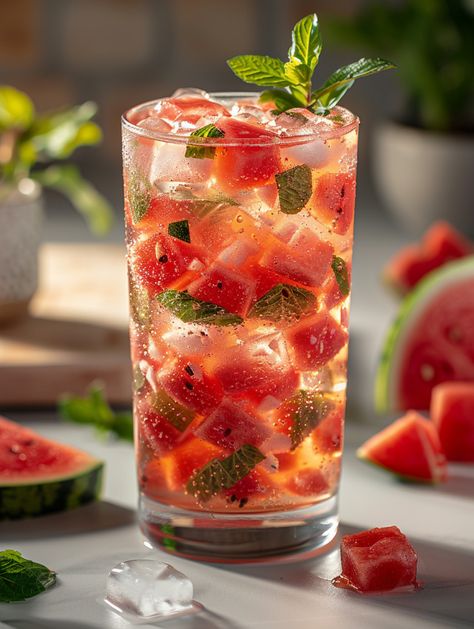 Watermelon Iced Tea, Watermelon Mint Tea, Watermelon Cubes, Iced Tea Recipe, Matcha Drink, Watermelon Mint, Iced Tea Recipes, Watermelon Ice, Mint Sprig