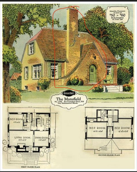 Stone cottages   ￼ Nice materials and landscaping. Probably the old tree and dog I like most 😊 Stone, timbers, COPPER elements, big bay window.  Roof of stone, cedar shake or metal roof instead though? Needs more side wings like large outdoor living area added to front left or an angled detached garage joined by enclosed porch. Has two chimneys but neither are featured in front. Swoop roofed line added? ￼ Narrow arch windows but the front is too flat. Cute dormer and has a swoop. Needs more of a front door nook, big bay window, screened in porch and a featured chimney as well as more surface textures.   ￼ Love the swoop, textured exterior and featured stone fireplace. Expand master suite. Add more outsets and front door nook.  Not sure about the roof but it evokes a thatched roof feel. Li Floorplan Cottage, English Style Home Exterior, Tudor Cottage House Plans, English Cottage Floor Plans, Vintage Tiny House, Country House Floor Plan, Small English Cottage, English Tudor Cottage, English Cottage House Plans