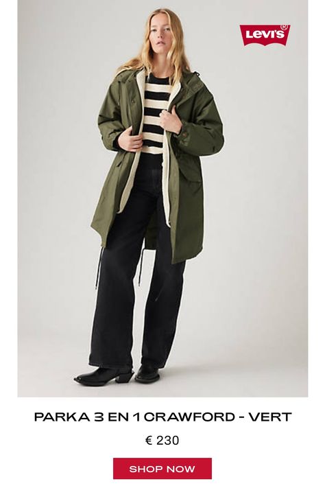 Quoi de mieux qu’une veste chaude ? Notre parka 3-en-1 Crawford. Un design composé de trois pièces : une parka longue avec une capuche réglable et une doublure réversible qui peut être portée sur la Parka Outfit Woman, Parka Outfit, Green Parka, Parka Women, Jeans Denim, Army Green, Best Sellers, Parka, Levi's