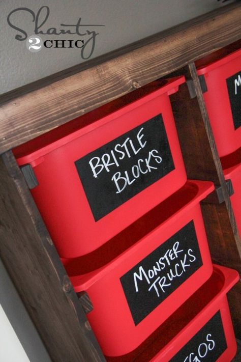 DIY Storage Idea! - Shanty 2 Chic Ikea Trofast Bins, Chalkboard Contact Paper, Trofast Ikea, Toy Room Organization, Ikea Toys, Diy Wood Stain, Diy Toy Storage, Ikea Trofast, Shanty 2 Chic