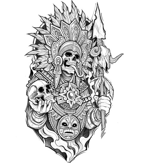 Aztec God Tlaloc Tattoo, Aztec Mythology Tattoos, Aztec Tattoo Patterns, Cowhead Skull Tattoo, Earthy Tattoos Men, Guerrero Maya Tattoo, Mexican Culture Art Tattoo, Mexican Trible Tattoos, Mexican Back Tattoos