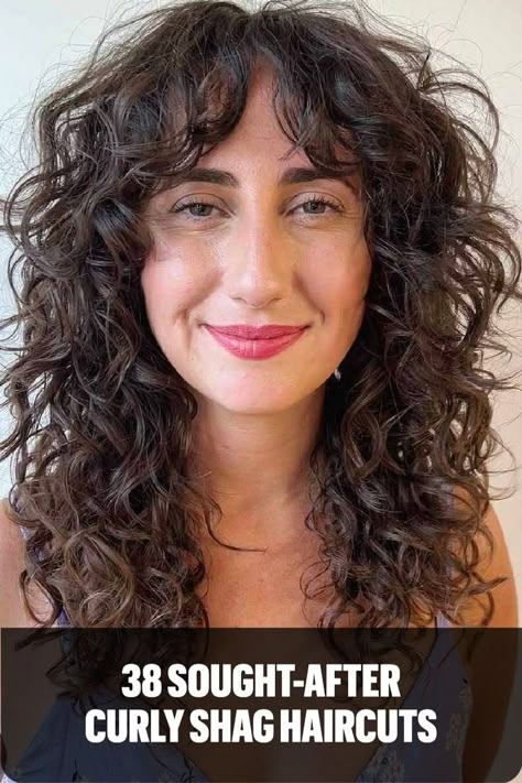 Brunette Shag with Frizzy Curls Haircuts Wolfcut, Brunette Shag, Shaggy Curly Hair, Medium Curly Haircuts, Haircuts For 2023, Curly Shag, Frizzy Curls, Curly Shag Haircut, Long Curly Haircuts