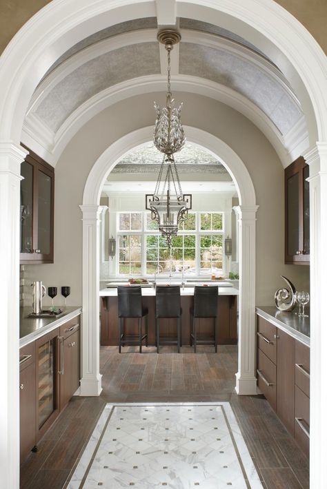 Transitional Butler's Pantry With Barrel-Vaulted Ceiling Barrel Vault Ceiling, Transitional Kitchen Design, Barrel Ceiling, Walnut Cabinets, Butler's Pantry, Transitional Kitchen, The Ceiling, Transitional Decor, Counter Tops