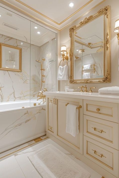 White Gold Marble Bathroom, Blue And Gold House Decor, Blue White And Gold Bathroom, Royalty Bathroom, Gold Princess Aesthetic, White And Gold Home Decor, Gold Bathroom Decor Ideas, White Gold Interior, Fancy Home Decor