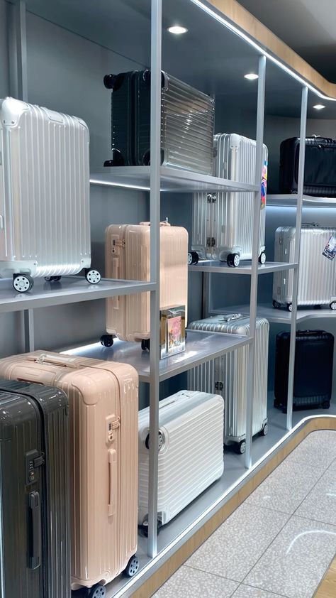 Rimowa Suitcase, Suitcase Display, Rimowa Luggage, Leather Travel Accessories, Travel Bag Set, Room Hacks, Store Hacks, Dollar Store Hacks, Room Display