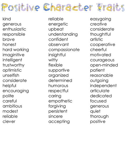 List of positive character traits - for complimenting/appreciating student behavior Positive Qualities List, Positive Traits For Dr, Positive Qualities List Words, Positive And Negative Character Traits, Strong Character Traits, Character Behavior, Positive Character Traits List, List Of Positive Character Traits, Character Traits Worksheet