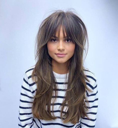 Celebrity Medium Hairstyles, Whispy Front Bangs With Highlights, Rounded Layers With Bangs, Curtain Bangs Long Thick Wavy Hair, The Hush Cut Long, Fall Fringe Hair, Bangs Long Forehead, Easy Long Hairstyles Updo, Long Hair Retro Hairstyles