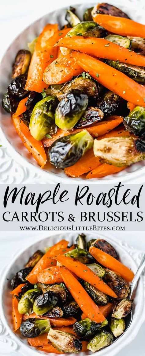 This recipe for a sweet and savory vegetable medley uses Brussels sprouts, carrots, maple syrup and a couple basic seasonings to create a flavorful side dish. Maple Roasted Brussels Sprouts and Carrots are easy to prepare, deliciously sweet and savory flavored, and a healthy complimentary side dish to serve alongside a variety of main courses. | #carrots #brusselssprouts #roastedvegetables #vegetablemedley #sidedish Carrots Maple Syrup, Veggie Medley, Maple Roasted Carrots, Roasted Fall Vegetables, Carrots Side Dish, Roasted Vegetable Recipes, Vegetable Side Dishes Recipes, Vegetable Medley, Roasted Brussels Sprouts