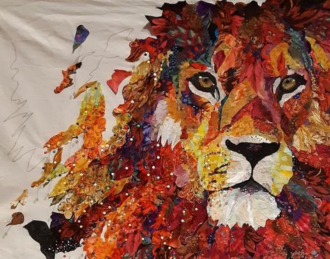 Lion Quilt Pattern, Sophie Standing, Lion Quilt, Lion Applique, Patchwork Collage, Collage Quilting, Portrait Quilts, Susan Carlson, Stumpwork Embroidery