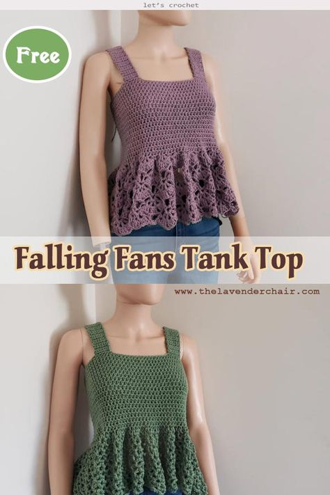 Falling Fans Tank Top Crochet Free Pattern Crochet Shirt Free Pattern, Crochet Clothing Ideas, Crochet Tank Top Free, Crochet Peplum, Crocheted Tops, Crochet Halter Top Pattern, Diy Crochet Top, Tube Top Outfits, Crochet Sweater Free