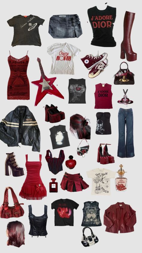 Rockstar’s gf #aestehthic #rock #rockstargf #red #y2k Rockstar Aesthetic Outfits, Girlfriend Clothes, Y2k Goth Outfits, Rock Star Outfit, Red Y2k, Rockstar Aesthetic, Rockstar Gf, Alt Outfits, Rock Outfits