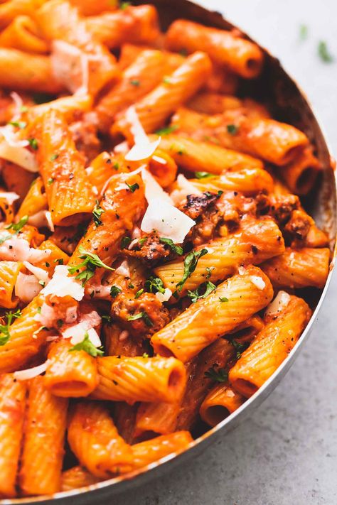 Creamy Red Pepper Pasta, Pasta Delivery, Ziti Al Forno, Baked Ziti With Ricotta, Ground Sausage Recipes, Creamy Sausage Pasta, Red Pepper Pasta, Red Sauce Pasta, Pasta Side Dishes