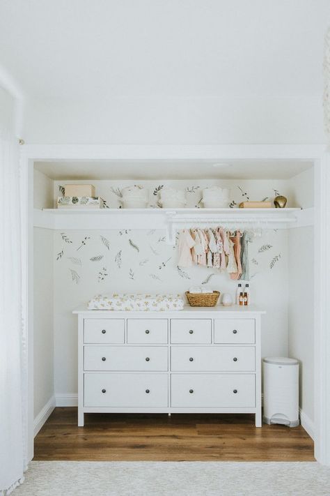 Nursery Tour, Dresser In Closet, Nursery Dresser, Nursery Closet, Open Closet, Baby Closet, Nursery Inspo, Nursery Baby Room, Room Closet